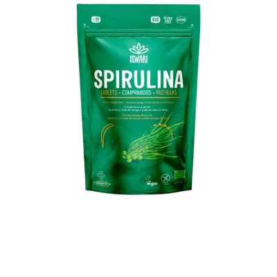 Pacote verde de comprimidos de Spirulina da marca Iswari
