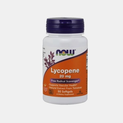 frasco branco de suplemento Lycopene 20 mg da marca NOW com tampa roxa e rótulo laranja