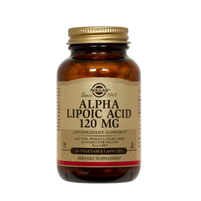 Frasco de suplemento Solgar Alpha Lipoic Acid 120 mg