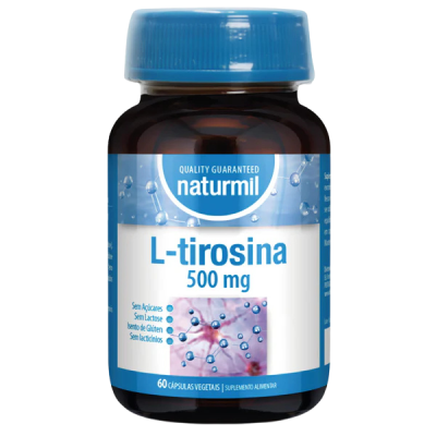 Frasco de suplemento Naturmil L-tirosina 500 mg com tampa azul e etiqueta azul e branca