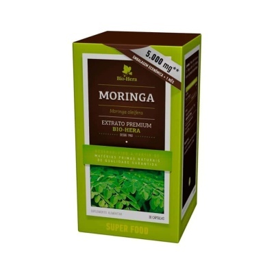 Caixa verde e castanha de suplemento Moringa Bio-Hera com imagem de folhas