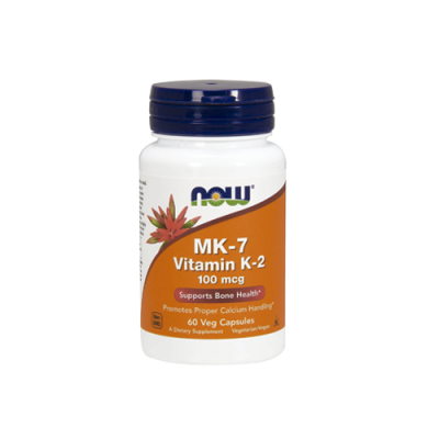 frasco de MK-7 Vitamina K-2 100 mcg da NOW com rótulo laranja