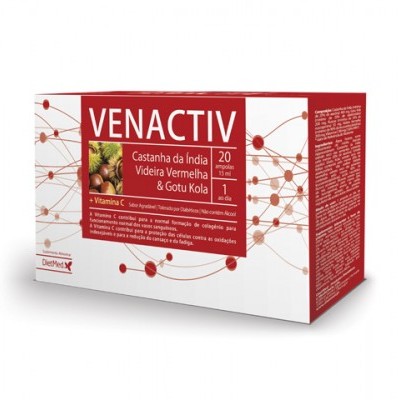Caixa do suplemento VENACTIV com 20 ampolas, texto em branco e vermelho, detalhes gráficos em vermelho.