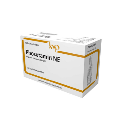 Embalagem de comprimidos Phosetamin NE, suplemento alimentar, caixa branca com detalhes amarelos