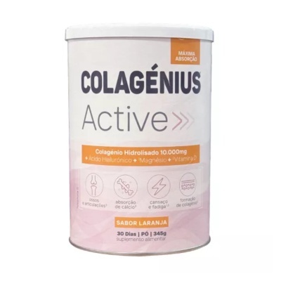 Suplemento alimentar Colagénius Active sabor laranja embalagem cylindrical branca e cor de rosa