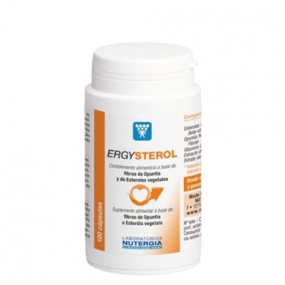 Frasco branco de suplemento ERGYSTEROL com rótulo branco e laranja.