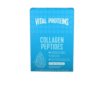 Caixa azul de suplemento alimentar Vital Proteins Collagen Peptides com texto e ilustração