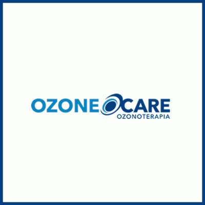 Logótipo azul da marca OZONE CARE com texto OZONOTERAPIA