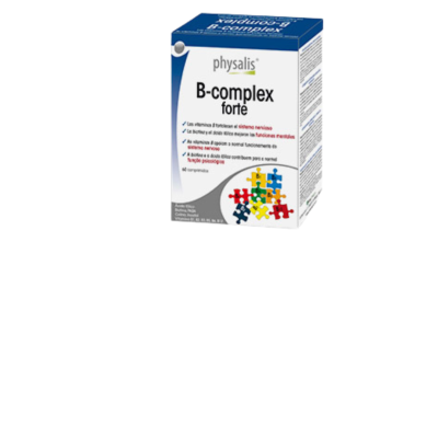 Caixa de suplemento vitamínico B-complex forte branco e azul com peças de puzzle coloridas