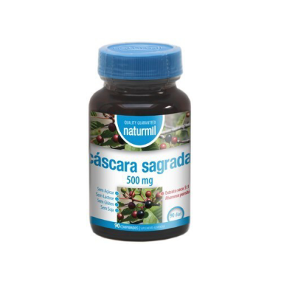 Frasco de suplemento Naturmil Cáscara sagrada 500 mg com tampa azul e 90 comprimidos