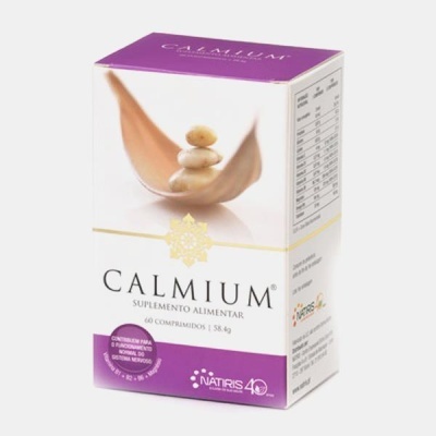 Embalagem de suplemento alimentar Calmium com design branco e roxo