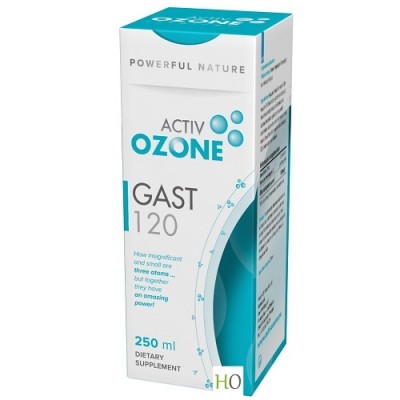 Embalagem do suplemento alimentar Activ Ozone Gast 120 azul e branco