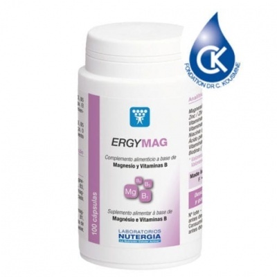 frasco de suplemento ERGYMAG com rótulo branco e roxo