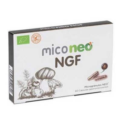 Caixa branca e preta do suplemento miconeo NGF com ilustração de cogumelos e texto colorido