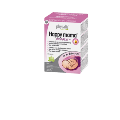 Caixa rosa e branca de suplemento prenatal Happy mama com imagem de feto e texto em várias línguas