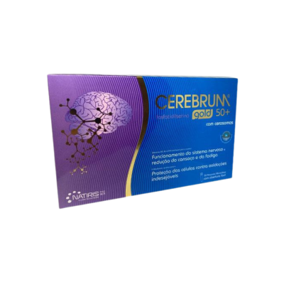 Embalagem azul e roxa de medicamento CEREBRUM gold 50+ com imagem de cérebro