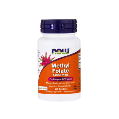 Frasco de suplemento NOW Methyl Folate 1.000 mcg
