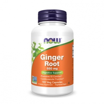 frasco de suplemento NOW Ginger Root com tampa roxa e etiqueta laranja e verde