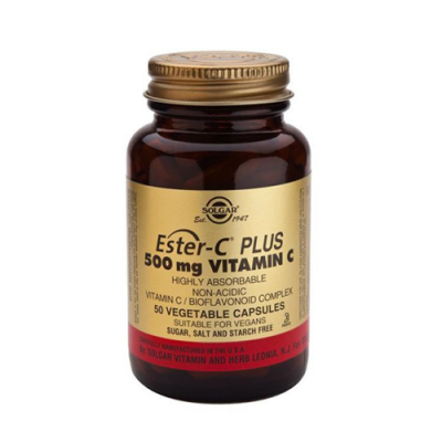 Frasco castanho com tampa dourada e rótulo amarelo e vermelho de suplemento Solgar Ester-C PLUS 500 mg VITAMIN C