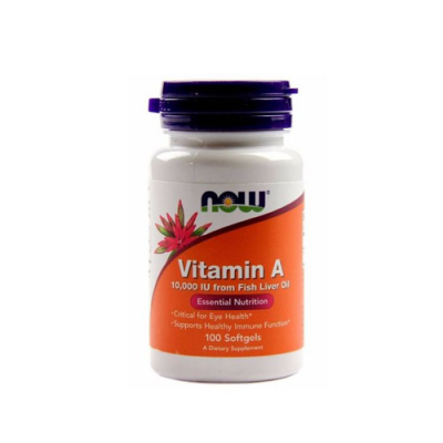 Frasco branco com tampa roxa escura de suplemento Vitamina A da marca NOW