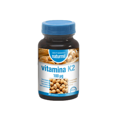 Frasco de vitamina K2 100 µg com tampa azul e rótulo branco e azul