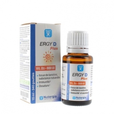 Frasco e embalagem do suplemento ERGY D Plus Vitamina D3 800 UI Nutergia