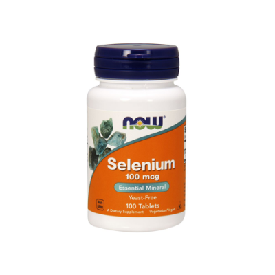 frasco de suplemento NOW Selenium 100 mcg com rótulo laranja e tampa azul