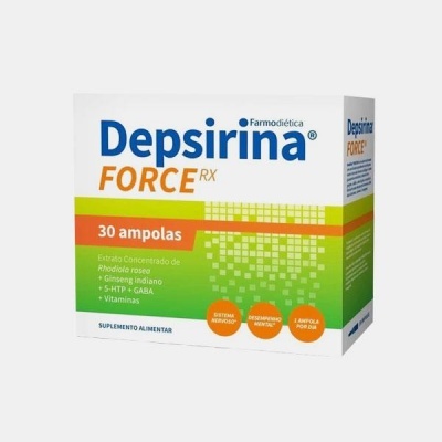 Embalagem de suplemento alimentar Depsirina FORCE RX com 30 ampolas em fundo branco