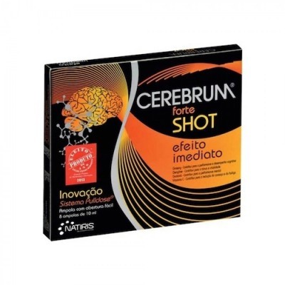 Embalagem do suplemento CEREBRUN forte SHOT preta e laranja com texto e logótipo