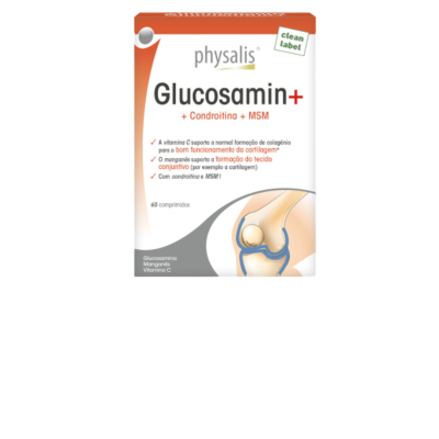 Embalagem do suplemento Glucosamin+ da Physalis com texto em português e imagem de articulação
