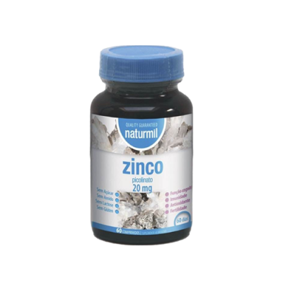 Frasco de suplemento de zinco Naturmil com rótulo branco e azul