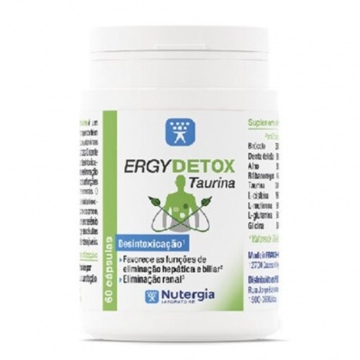 Frasco branco de suplemento Ergy Detox Taurina com texto em português