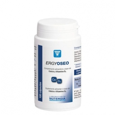 Frasco branco de suplemento alimentar ERGYOSEO com 100 cápsulas, rótulo azul e branco