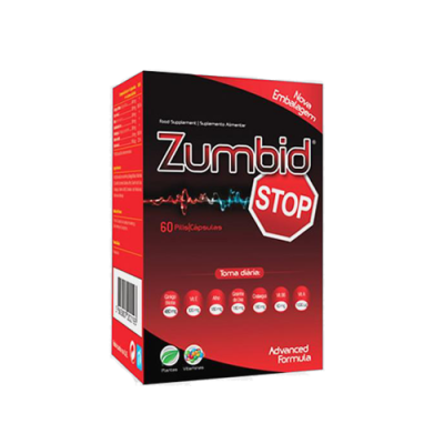 Embalagem vermelha e preta do suplemento alimentar Zumbid Stop com 60 cápsulas