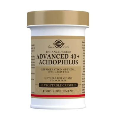Frasco de suplemento Solgar Advanced 40+ Acidophilus com tampa dourada