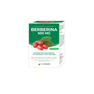Suplemento alimentar Berberina 500 mg embalagem com bagas vermelhas e letras verdes