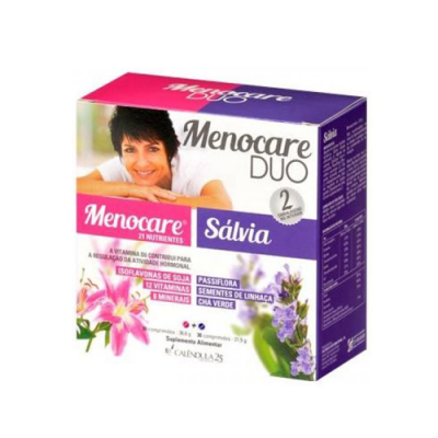 Embalagem de suplemento Menocare DUO Sálvia com imagem de mulher e flores