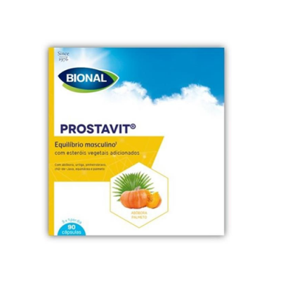 Caixa de suplemento BIONAL PROSTAVIT para equilíbrio masculino com imagem de abóbora e palmeira