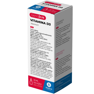 Embalagem do suplemento alimentar GenoJAM Vitamina D3 em solução de 30 ml