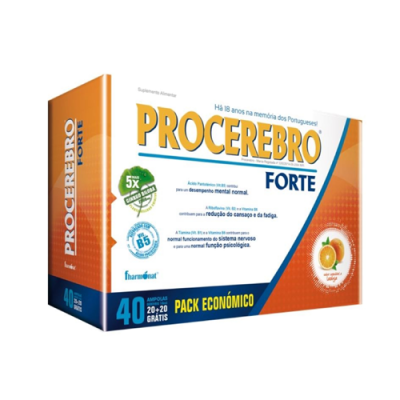 Caixa de suplemento PROCEREBRO FORTE laranja e azul com 40 ampolas e ilustração de laranja