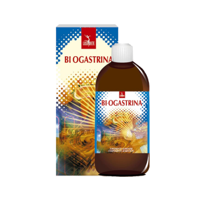 Frasco e embalagem de BI-OGASTRINA com decoração dourada e azul e logótipo LUSOMÉDICA