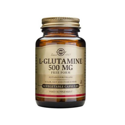 Frasco âmbar de suplemento alimentar L-Glutamina 500 mg Solgar