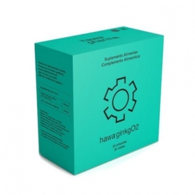Caixa verde azulado de suplemento alimentar hawaginkgO2 com símbolo gráfico e texto preto.