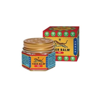 Frasco de vidro com bálsamo Tiger Balm Red e sua caixa colorida