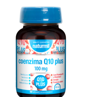 Frasco de suplemento Naturmil coenzima Q10 plus 100 mg com rótulo azul e branco
