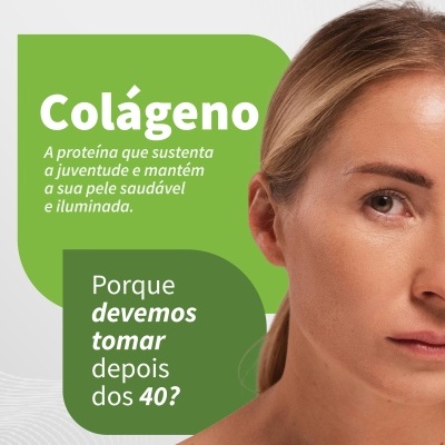Texto informativo sobre colágeno com rosto feminino ao lado