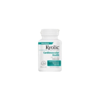 Frasco de suplemento Kyolic Cardiovascular Health em fundo branco.