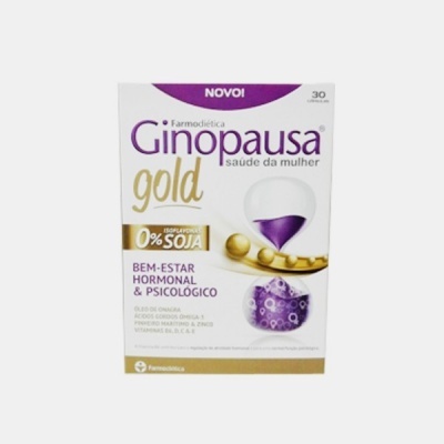 Embalagem do suplemento Ginopauda Gold para saúde da mulher.