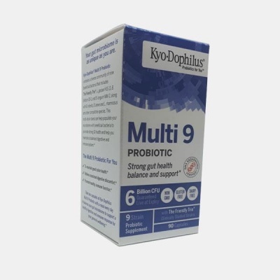 Embalagem azul e branca do probiótico Kyo-Dophilus Multi 9