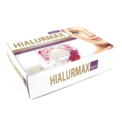 Embalagem branca do produto HIALURMAX BEAUTY com imagem de rosto feminino e flores